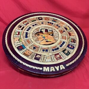 Vintage Aztec Mayan 14" Round Calendar / Hand Carved Inlay Wood / Mexican / Flaw